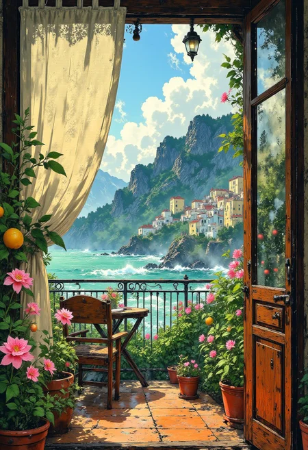 Amalfi Coast Seaside Terrace – Ivory Lace Curtain
"A sunlit coastal terrace on the Amalfi Coast, perched high above the shimmering Mediterranean Sea. An ivory lace curtain flutters from an open balcony door, revealing a panoramic view of pastel-colored cliffside villages cascading down toward the water. Lemon trees and blooming bougainvillea frame the terrace, filling the air with their sweet fragrance as the waves crash rhythmically below."
