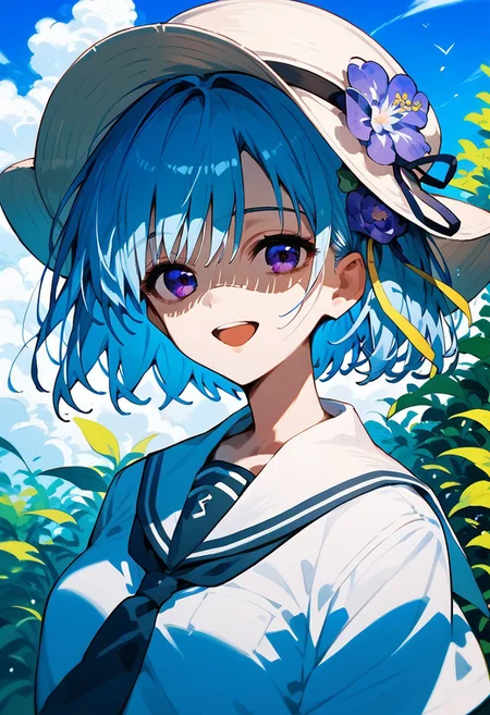 score_9, score_8_up, score_7_up, HENRIETTE MYSTERE,
1girl, solo, smile, short hair, open mouth, hair ornament, hat, school uniform, blue hair, purple eyes, flower, hair flower, shaded face