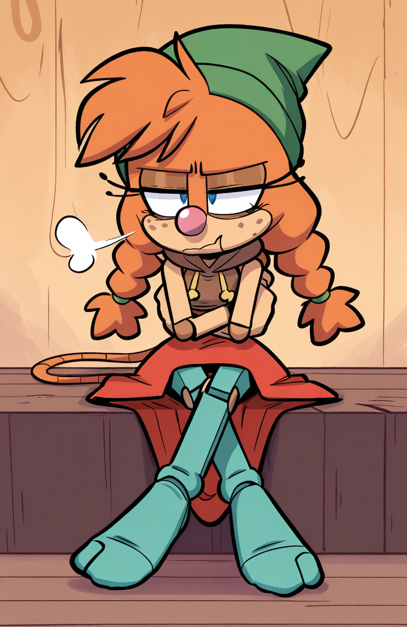 1girl, solo, brown taut hoodie, sleeveless dress , hood down, red high-low skirt, aqua pantyhose, no shoes, sitting, head tilted, crossed arms, sigh, mildly annoyed expression,
 <lora:qqLettuce:0.8> qqlttc, furry, <lora:Belle:0.8> belle the tinkerer, orange fur, green headwear, twin braids, clown nose, eyelashes, pink nose, doll joints, robot joints, blue eyes, marionette mouth, mouse tail, extremely detailed, highres, masterpiece, best quality