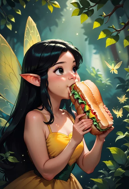 score_9, score_8_up, score_7_up, score_6_up, score_5_up, score_4_up masterpiece, high quality, a girl eating a sandwich in a magical forest, cute, black long hair, yellow dress,Fairy Wings , j_huiben, source_cartoon