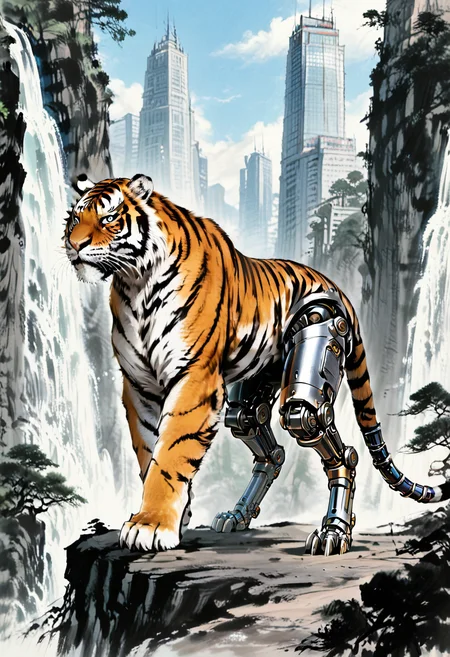 no humans, animal focus, (close-up:1.75), serious, tiger, from side, (mechanical leg:1.5), looking to left,
BREAK
waterfall, day, skyscraper, building,
BREAK
<lora:Ink_wash_painting_style_v2.0:1>, traditional media,
BREAK
best quality, masterpiece, very aesthetic, absurdres, highest detailed, very awa, detailed background,