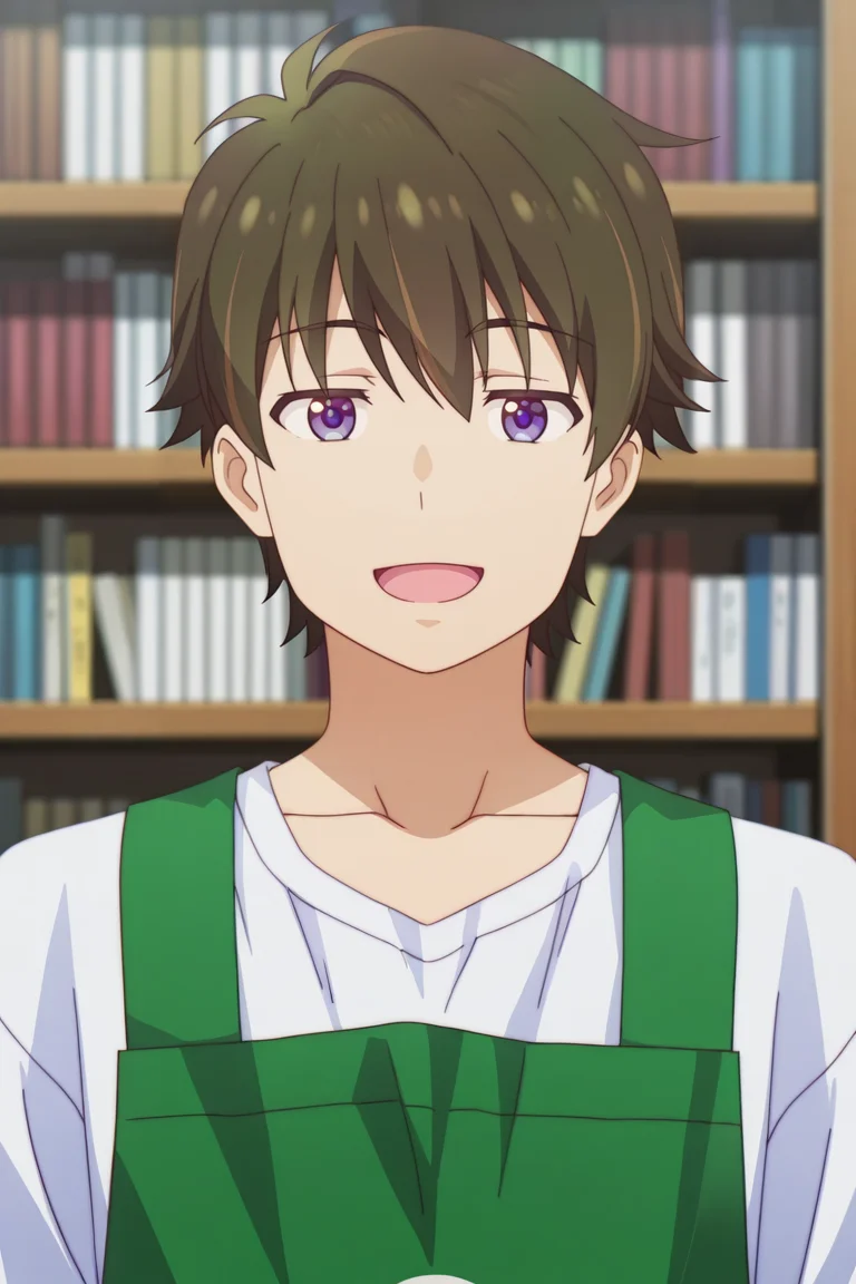 masterpiece, best quality, amazing quality,high resolution, intricate details,official style,depth of field,anime coloring,anime screencap, , , 1boy, solo, male focus, , ,  <lora:Wataru_Sajo:0.97>, wataru sajo,dark brown hair,short hair,purple eyes,looking at viewer, shirt, open mouth, collarbone,apron, white shirt, upper body, parody,green apron,bookshelf,smiling
