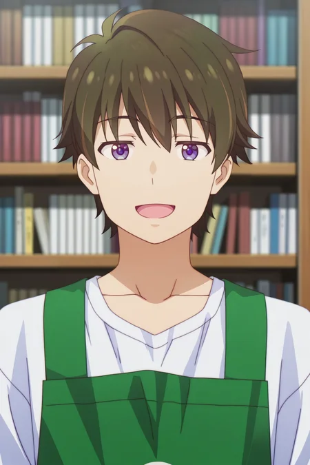 masterpiece, best quality, amazing quality,high resolution, intricate details,official style,depth of field,anime coloring,anime screencap, , , 1boy, solo, male focus, , ,  <lora:Wataru_Sajo:0.97>, wataru sajo,dark brown hair,short hair,purple eyes,looking at viewer, shirt, open mouth, collarbone,apron, white shirt, upper body, parody,green apron,bookshelf,smiling