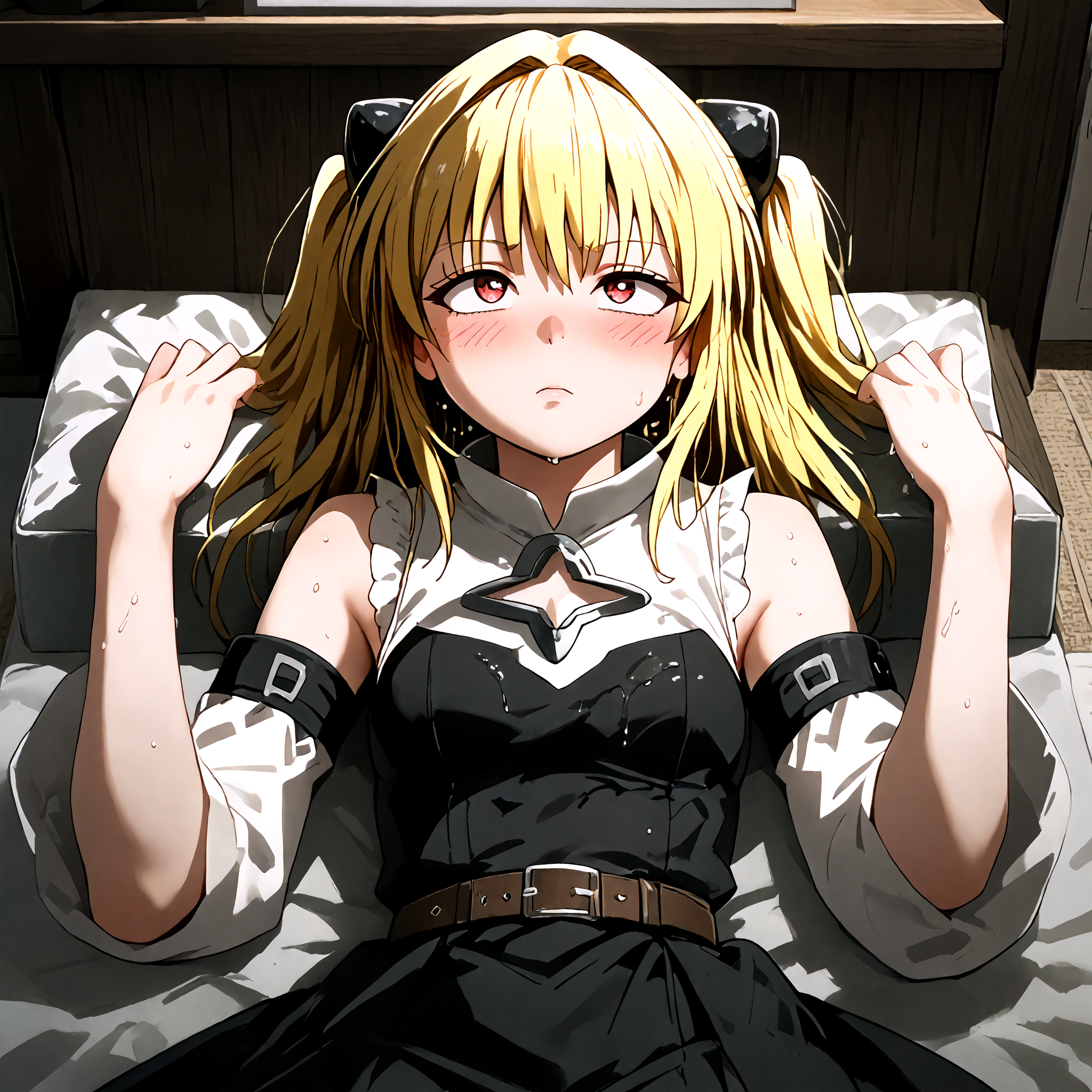 score_9,score_8_up,score_7_up, source_anime, rating_safe, 1girl,  yami, yellow hair, long hair, red eyes, hair ornament, two side up,sleeveless, detached sleeves, dress, black dress, black skirt, clothing cutout, cleavage cutout, blush ,leg_belt ,long_hair ,small_breasts ,solo,
from_above , looking_at_viewer, pov, looking up,white pantyhose, lying,on back,feet, wet feet, feet up ,feet focus, leg up, wet body, solo, indoor,  shy,pmg style,masterpiece, best quality, newest, absurdres, highres, detailed background,on bed,
, <lora:pmg_001:0.7> ,<lora:golden-darkness-ponyxl-lora-nochekaiser:1>, <lora:pony_pony_2_adamW:0.9>, <lora:StS_PonyXL_Detail_Slider_v1.4_iteration_3:0.5> ,<lora:flanvia_v1_XL:0.8>, <lora:s_pindoodle:0.5>