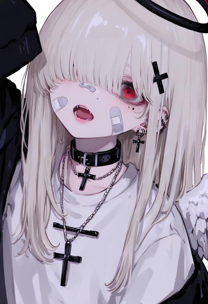 cross, jewelry, wings, solo, 1girl, ear piercing, necklace, angel wings, piercing, long hair, halo, cross hair ornament, open mouth, hair over one eye, hair ornament, cross necklace, bandaid, earrings, choker, angel, sleeves past wrists, mole, mole under eye, simple background, white background, jacket, white hair, bangs, looking at viewer, red eyes, bandaid on face, feathered wings, shirt, black jacket, hood, sleeves past fingers, upper body, collar, white shirt, cross earrings <lora:748cmXL_NB11_lokr_V6311P:0.95>