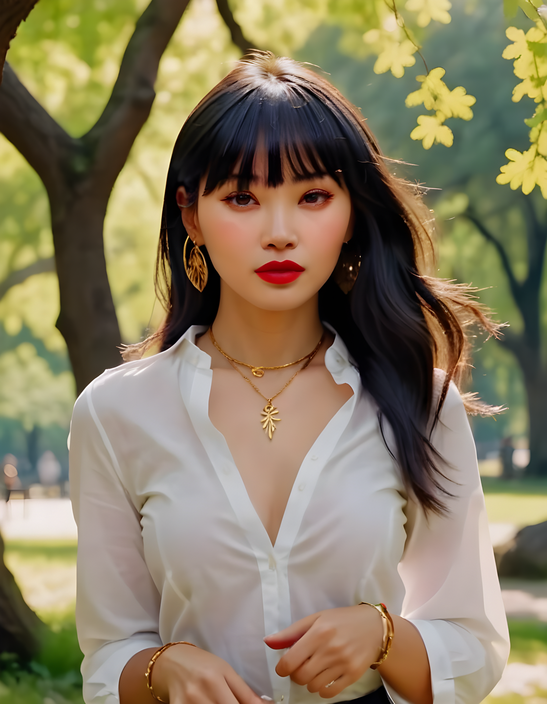 In a bustling city park under the warm, golden glow of mid-afternoon sun, K1MCWYT stands confidently with her back against an ancient, gnarled oak tree. Her stylish black hair, framed by blunt bangs, cascades down to her shoulders, and she accessorizes herself with elegant earrings, a necklace, and a delicate set of bracelets. She wears a crisp white shirt, the fabric billowing slightly in the gentle breeze, accentuating her slender figure. Her lips are painted a bold, red shade that matches her lipstick, adding a touch of sophistication to her overall look. With a captivating gaze fixed directly on the viewer, she exudes an air of mystery and intrigue amidst the lush greenery and vibrant flora surrounding her.
