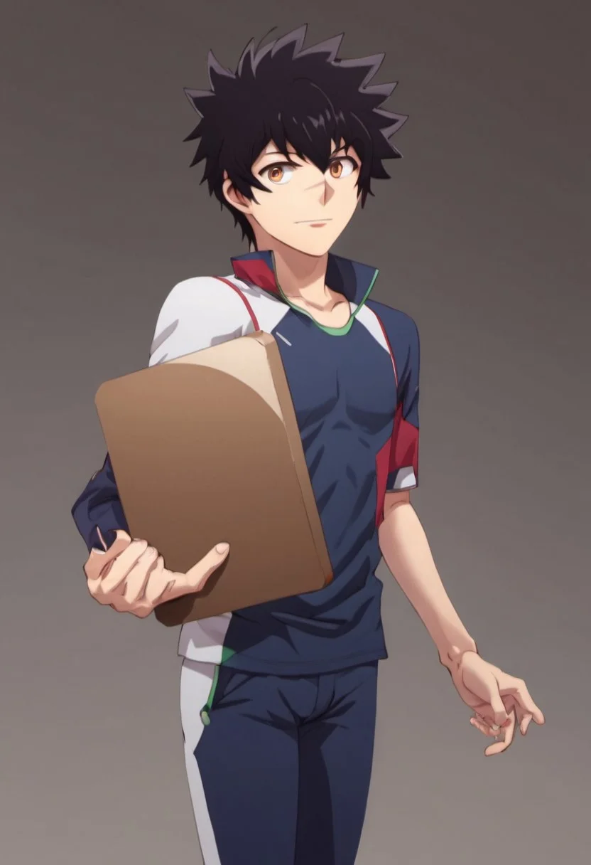 high resolution, solo, best quality, 1Boy, Kanata Hoshijima, Black hair, Brown Eyes, Holding prop, playful, interactive, engaging,