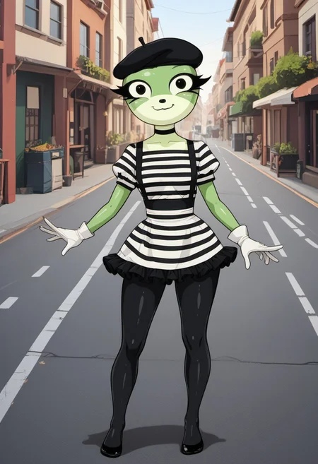 score_9,score_8_up,score_7_up,
outdoors,
full body, closed mouth smile,,long eyelashes,pose, tall, standing,
<lora:Mashka_v01_PDXL:1>,Mashka,1girl,solo,furry female,green skin,yellow skin,two-tone skin,shiny skin,black eyes,long eyelashes,wearing french beret, black eyeliner,wide hips, black choker, mime artist outfit, black beret, black striped shirt, black tight leggings, black suspenders, frilled skirt, white gloves, slender, skinny, petite 1930's city background, mime poses,
<lora:add-detail-xl:1>,