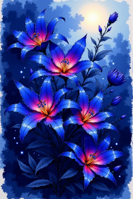 <lora:Vibrant_watercolor_v.21:0.80> A watercolor sketching featuring Vibrantlysharp style. A bouquet of luminous midnight lilies flourishes in a dreamy, atmospheric scene, their velvety petals a deep twilight blue, glowing at the edges with ethereal neon white. At their core, embers of crimson light radiate outward, casting a soft, mystical glow onto the surrounding foliage. Tiny orbs of bioluminescence float around the stems like scattered fireflies, adding an element of quiet magic. The background fades into a soft, foggy gradient, amplifying the contrast between shadow and radiance. This enchanting scene merges elements of fantasy illustration and photorealistic lighting techniques, creating a mesmerizing composition.