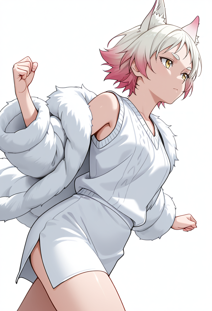 Smooth Quality,masterpiece,very intricate, high quality details, ultra realistic, high detailed skin,detailed enviorement,absurdres,
simple background, white background,solo,
walking, arms swinging, relaxed shoulders, looking forward, natural movement,  ,dutch angle,expressionless,frown, 
fur coat, ,sweater vest, ,side slit skirt, , 
 <lora:Momiji_cnn:0.8> momijicnn,1girl, wolf ears, yellow eyes, white hair, pink hair, short hair, gradient hair, thick eyebrows,