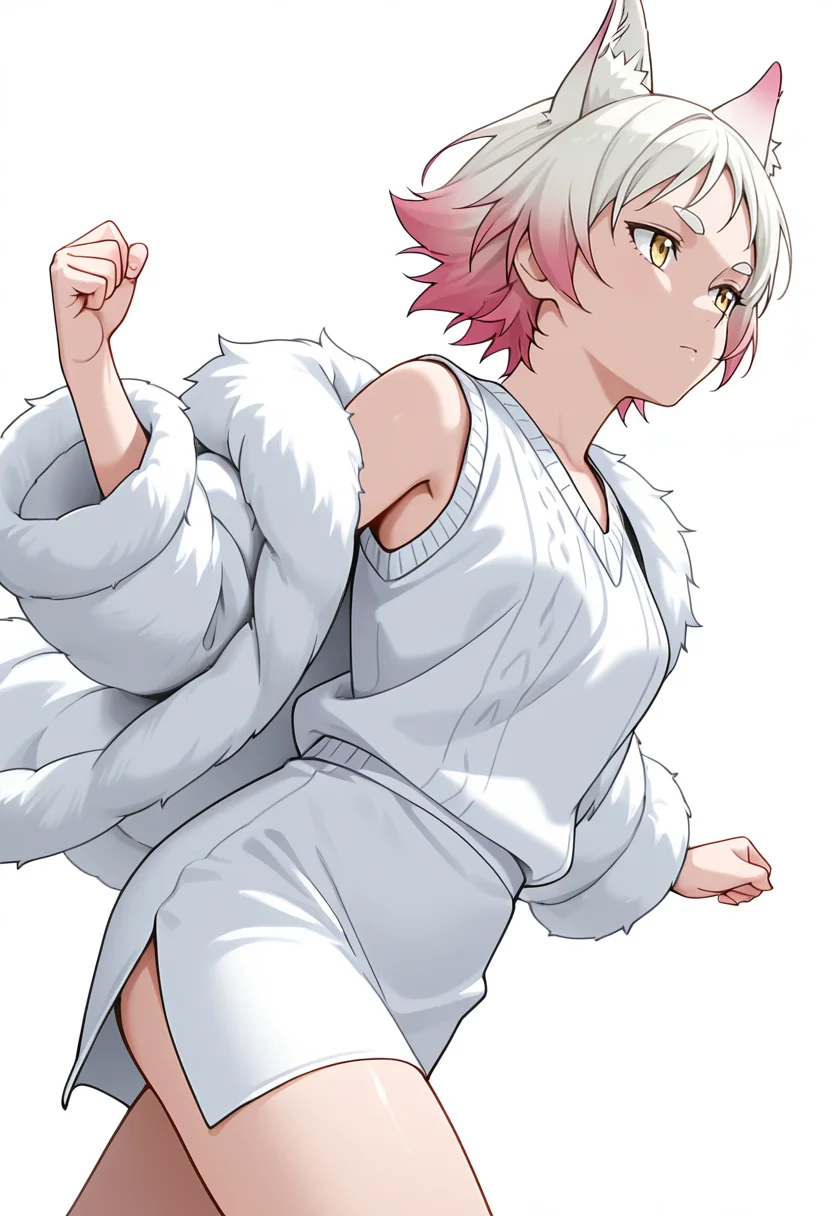 Smooth Quality,masterpiece,very intricate, high quality details, ultra realistic, high detailed skin,detailed enviorement,absurdres,
simple background, white background,solo,
walking, arms swinging, relaxed shoulders, looking forward, natural movement, ,dutch angle,expressionless,frown,
fur coat, ,sweater vest, ,side slit skirt, ,
<lora:Momiji_cnn:0.8> momijicnn,1girl, wolf ears, yellow eyes, white hair, pink hair, short hair, gradient hair, thick eyebrows,