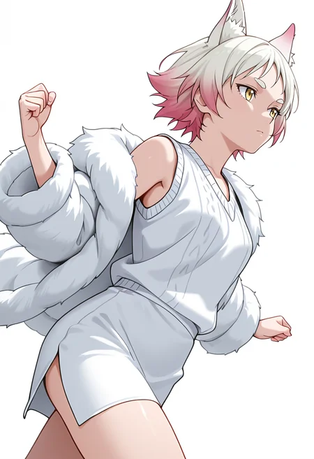 Smooth Quality,masterpiece,very intricate, high quality details, ultra realistic, high detailed skin,detailed enviorement,absurdres,
simple background, white background,solo,
walking, arms swinging, relaxed shoulders, looking forward, natural movement, ,dutch angle,expressionless,frown,
fur coat, ,sweater vest, ,side slit skirt, ,
<lora:Momiji_cnn:0.8> momijicnn,1girl, wolf ears, yellow eyes, white hair, pink hair, short hair, gradient hair, thick eyebrows,
