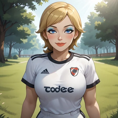 score_9, score_8, BREAK, solo, mii, wii, wii sports resort, 1girl, female mii, attractive, blonde hair, white skin, makeup, blush, blue eyeshadow, blue eyes, small nose, mole under eye, lips, RiverPlate, striped shirt, striped, shirt, white shirt, short sleeves, clothes writing, sportswear, soccer uniform, shoes, big breasts, white pants, Alisha_(\Wii_Sports_Resort\), Nintendo Mii, modern_mii, classic_mii, cute, sexy pose, self portrait, smile, outdoors, sunlight, shadows, evening lighting, natural lighting, forest, trees, grass, orange sky, sunset