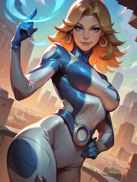 score_9, score_8_up, score_7_up, 1girl, dynamic pose, cowboy shot, looking at viewer, sexy pose, sexually suggestive, smile, dutch angle, city, detailed landscape,, hand on hips, one hand up, energy around, 
<lora:ASueStorm_character:0.8>, SueStormXL, blonde hair, blue eyes, earrings, bodysuit, gloves, <lora:Bonifasco_PonyXL_v1:0.6>
