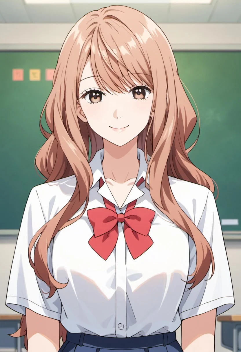 score_9, score_8_up, score_7_up, source_anime,iroha igarashi, long hair, brown hair, brown eyes, 1girl,smile, solo, school uniform, bow, looking at viewer, shirt, upper body, white shirt, bowtie, classroom