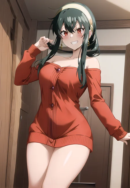 best quality, 1girl, (black hair:1.2), dynamic pose, grin, corneo_yor_forger