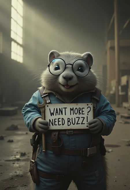 Photography, National Geographic style, dutch angle, A happy chubby grey marmot with thin round glasses, wearing blue work overall, adjustable wrench poking out of pocket, holds a sign with text saying "WANT MORE ? NEED BUZZ !", tiny laptop computer under the arm, in a victorian steampunk style with neon details. Background shows an empty wood warehouse, dust on the floor, light and dust particles floating in the air in a warm sun ray from side window.