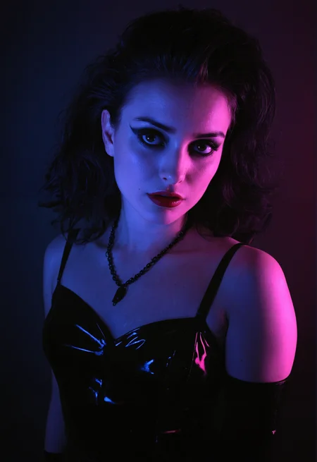 young goth woman, pale skin, 20 years old, (freckles:0.6), (dramatic lighting:0.8), mascara, the cure, 1980s, vintage, neon lighting, rembrandt lighting, noir, pinup, portrait