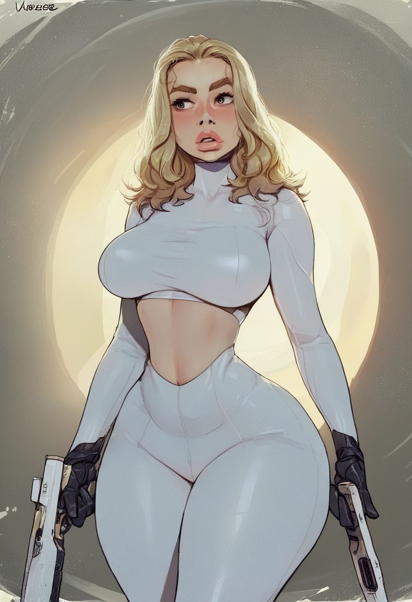 score_9, score_8_up, score_7_up, score_6, score_5, score_4, source_anime, blonde goddess, thick thighs, full lips, beautiful face, 4ng3l face, round breasts, wide hips, (full lips 1.5), dark eyebrows, (curvy:2), thick, slim waist, fFaceDetail. huge ass, (skin pores), fat ass, thick. (dimples:1.5), futuristic warrior,