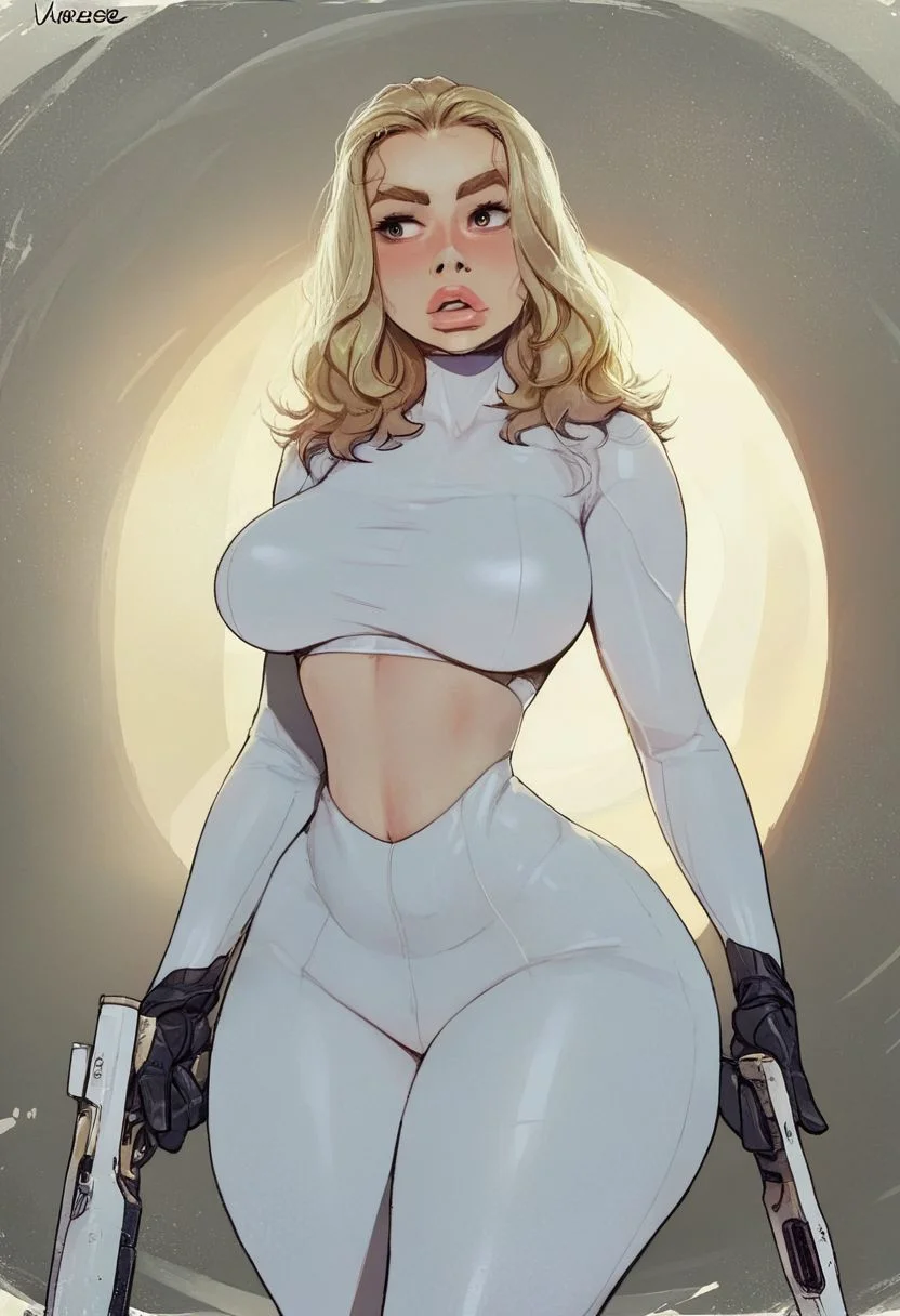 score_9, score_8_up, score_7_up, score_6, score_5, score_4, source_anime, blonde goddess, thick thighs, full lips, beautiful face, 4ng3l face, round breasts, wide hips, (full lips 1.5), dark eyebrows, (curvy:2), thick, slim waist, fFaceDetail. huge ass, (skin pores), fat ass, thick. (dimples:1.5), futuristic warrior,