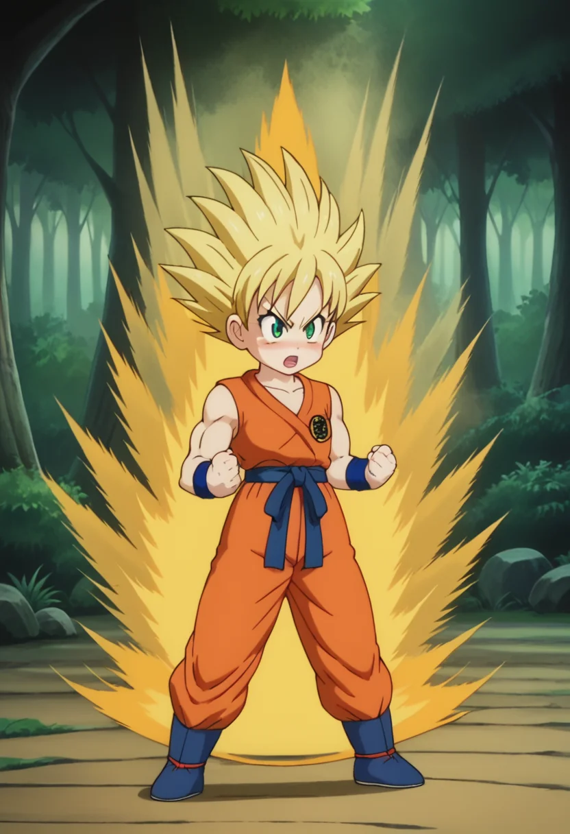 score_9, score_8_up, score_7_up , , source_anime, intricate details, masterpiece, high quality, prefect hands, best quality,, 1girl, solo , anime screencap,
,Martial Arts , forest, muscle ,
, GGokuSS, blonde hair, green eyes, big eyeballs , spiked hair , long hair , eyelash , lips , cute , blush , small breast , chibi , <lora:GGoku-000003:0.7>,
orange dougi, blue sash, blue wristband, sleeveless , orange pants, orange topwear, <lora:DBKiCharge_XLPD:1> , yellow aura, fighting stance, clenched hands, full body , open mouth