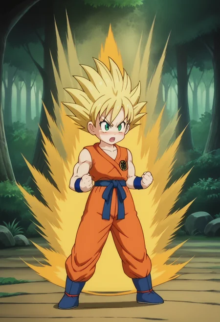 score_9, score_8_up, score_7_up , , source_anime, intricate details, masterpiece, high quality, prefect hands, best quality,, 1girl, solo , anime screencap,
,Martial Arts , forest, muscle ,
, GGokuSS, blonde hair, green eyes, big eyeballs , spiked hair , long hair , eyelash , lips , cute , blush , small breast , chibi , <lora:GGoku-000003:0.7>,
orange dougi, blue sash, blue wristband, sleeveless , orange pants, orange topwear, <lora:DBKiCharge_XLPD:1> , yellow aura, fighting stance, clenched hands, full body , open mouth