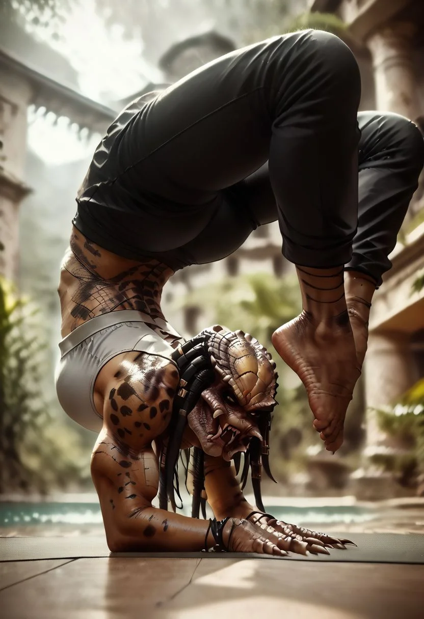 1girl, long hair, dreadlocks, muscular female, colored skin with spots, brown skin, fishnets, mandibles, teeth, tongue, huge breasts, yoga pants, crop top, view from above, wrist blade, dynamic angle, exercising, (vrischikasana pose:1.7),
ruins, blurry background, score_9, score_8_up, score_8, source_anime, Painstaking Attention To Details, d3t41l3d, 1dk, Expressiveh