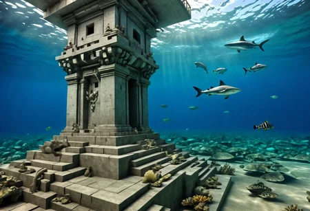 High Detailed photo underwater, arafed structure made of concrete blocks on the bottom of the ocean, epic 3 d yemaya, 1 5 6 6, artdeco, pyramid visor, 1666, jade, sci-fiish, artdevian, riding, steps, ffffound, hispanic, see fishes swimming, SC I Y', online, small fish and two large sharks swim