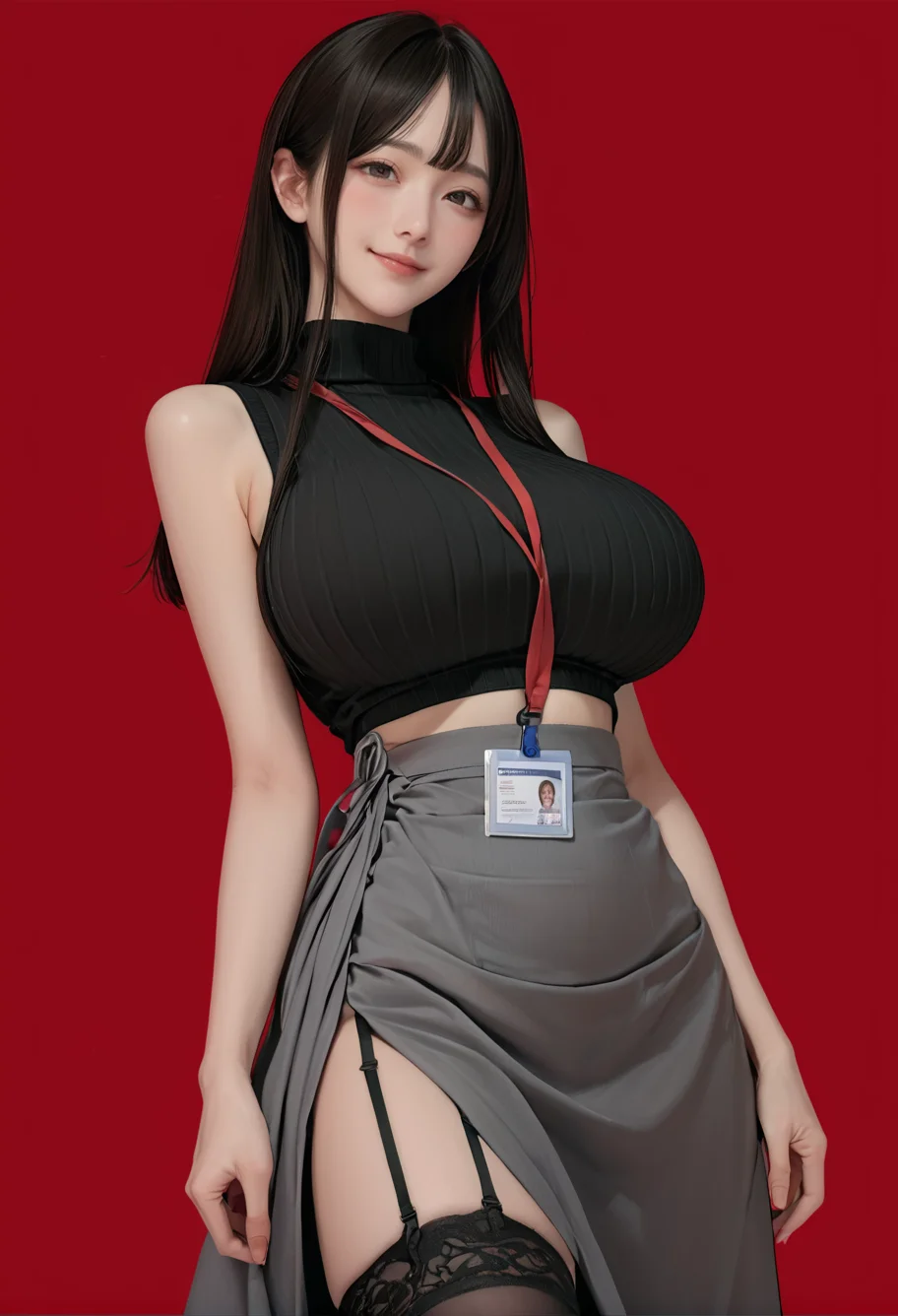1girl,solo,red background,,ruanyi0897,black thighhighs,garter straps,turtleneck,id card,lanyard,grey skirt,crop top,black sleeveless sweater,long skirt,<lora:0897 Home wear 3_v1_pony:1>, score_9, score_8_up, score_7_up, score_6_up, score_9, score_8_up, score_7_up, score_6_up source_anime, blush, 1girl, seduce smile, perfect body , natural huge breasts