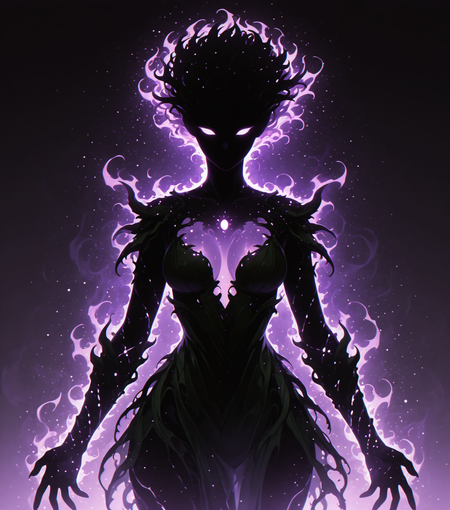 <lora:Shadows_v2_Buns:0.65> sh4d0w, purple aura, glowing, solo, dryad, masterpiece, best quality, amazing quality