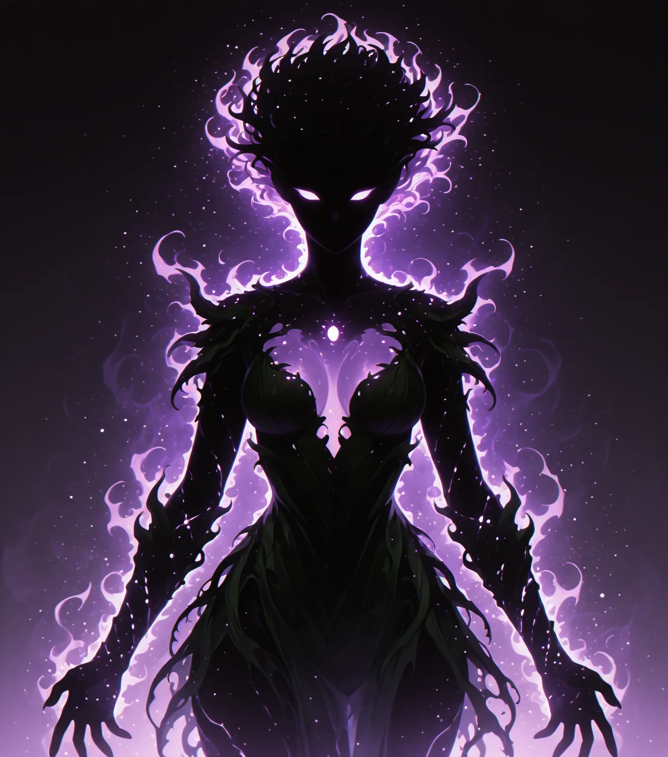<lora:Shadows_v2_Buns:0.65> sh4d0w, purple aura, glowing, solo, dryad, masterpiece, best quality, amazing quality
