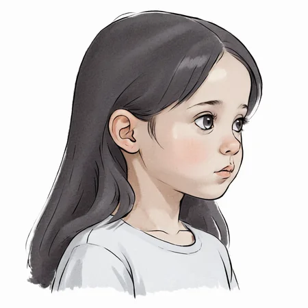 illustration, a pale little girl, side view, black eyes, dark hair, on a white background <lora:AQUAinked_XL-000008:1>