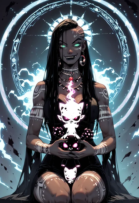 score_9, score_8_up, score_7_up, 1girl, solo, medium breasts, voodoo priestess clothes, dark eye shadow, eyeliner, black lipstick, long dreadlocks undercut, smirk, black hair, muscular, pale skin, wide hips, sitting cross-legged,
...
((she holds one voodoo doll in her hand, glowing voodoo dolls,)) jewelry, magic circle, necklace, tribal background, hyperrealistic, ultra-detailed, intricate ritualistic attire adorned with meticulously crafted skulls and bones, glowing vibrant tribal symbols with intricate patterns, ethereal smoke swirling in iridescent colors, ambient and dramatic lighting highlighting face with intricate details, eerie and enchanting, powerful, enigmatic,
...
green eyes, perfecteyes, sinozick style, dark theme, g4n1m3, hand, black skin, black lips, very dark skin, ebony, aiebonyskin, voopri, bioluminescent, glowing,
...
<lora:PerfectEyesXL:1>, <lora:Sinozick_Style_XL_Pony:0.8>, <lora:g4n1m3XLP:0.8>, <lora:detailed_hands:1>, <lora:25dcartoonv2.hdtq:0.6>,  <lora:Ebony_Pony_XL:1>, <lora:VoodooPriestess:1>,  <lora:Bio-Luminescence:1>
