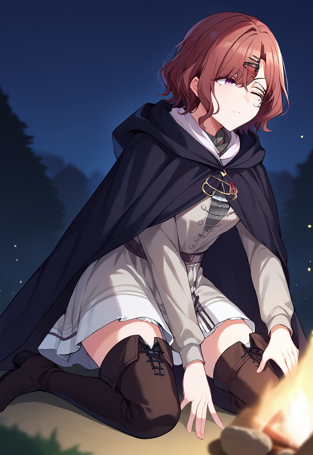 score_9,score_8_up,score_7_up, 1girl, higuchi madoka, short hair, brown hair, purple eyes, hairpin, IncrsMelina, scar across eye, facial tattoo, one eye closed, black cloak, hooded cloak, hood down, grey dress, long sleeves, cape, thigh boots, campfire, kneeling, night,
