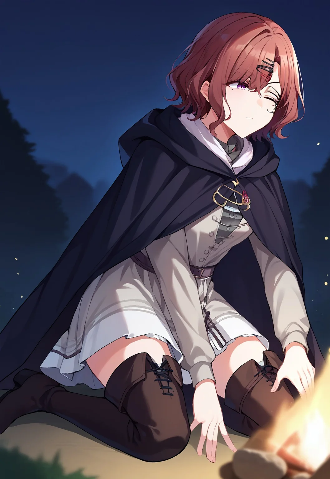 score_9,score_8_up,score_7_up, 1girl, higuchi madoka, short hair, brown hair, purple eyes, hairpin, IncrsMelina, scar across eye, facial tattoo, one eye closed, black cloak, hooded cloak, hood down, grey dress, long sleeves, cape, thigh boots, campfire, kneeling, night,