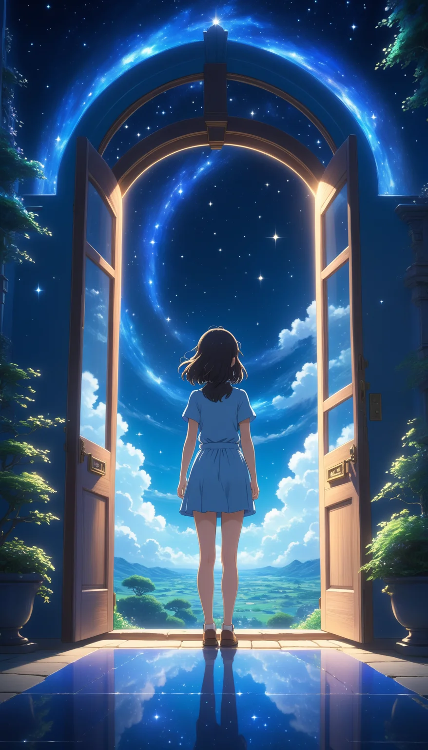 2D anime style, Studio Ghibli, beautiful scene of a girl standing in front of a glowing doorway, starry sky, ethereal light, reflective floor, vibrant blue colors, intricate details, dreamy atmosphere, cinematic lighting, whimsical, fantasy elements, serene and captivating