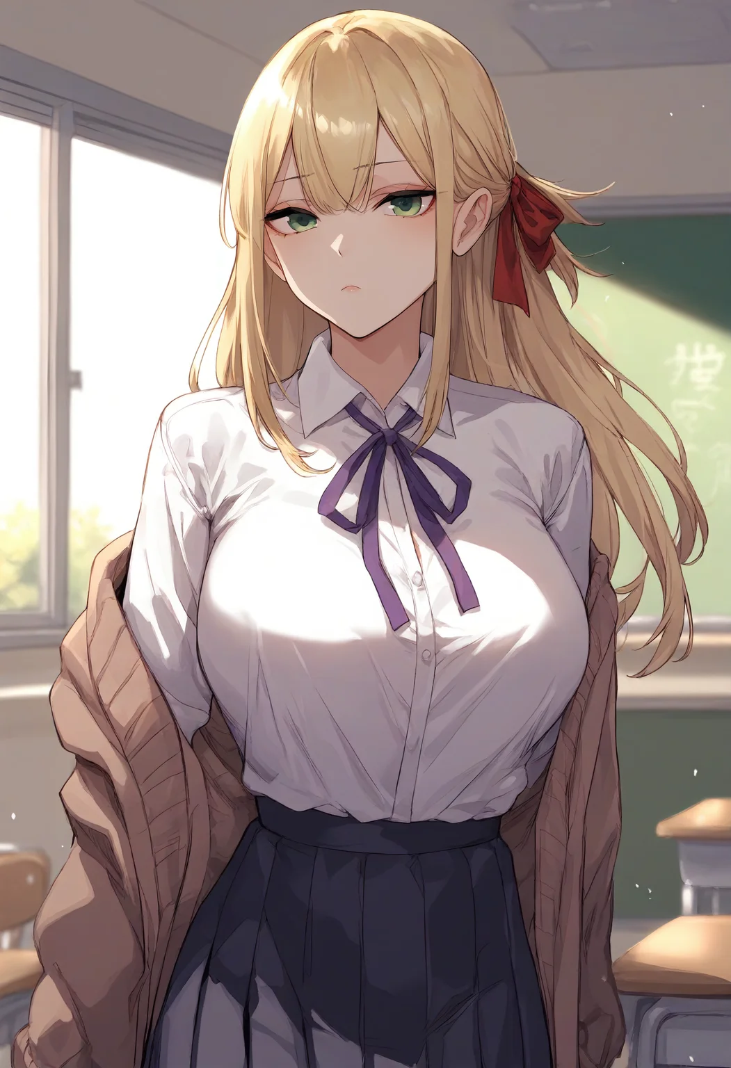 score_9, score_8_up, score_7_up, score_6_up, source_anime, rating_explicit, 1girl, (solo:1.1), huge breasts, <lora:Yoo Da-hee prefectPonyxl:0.75> blonde hair, long hair, green eyes, hair ribbon, red ribbon, sidelocks, school uniform, purple ribbon, neck ribbon, brown cardigan, white shirt, collared shirt, black skirt, pleated skirt, expressionless, classroom, indoors, looking at viewer