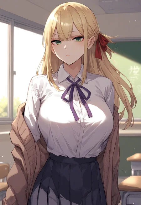 score_9, score_8_up, score_7_up, score_6_up, source_anime, rating_explicit, 1girl, (solo:1.1), huge breasts, <lora:Yoo Da-hee prefectPonyxl:0.75> blonde hair, long hair, green eyes, hair ribbon, red ribbon, sidelocks, school uniform, purple ribbon, neck ribbon, brown cardigan, white shirt, collared shirt, black skirt, pleated skirt, expressionless, classroom, indoors, looking at viewer