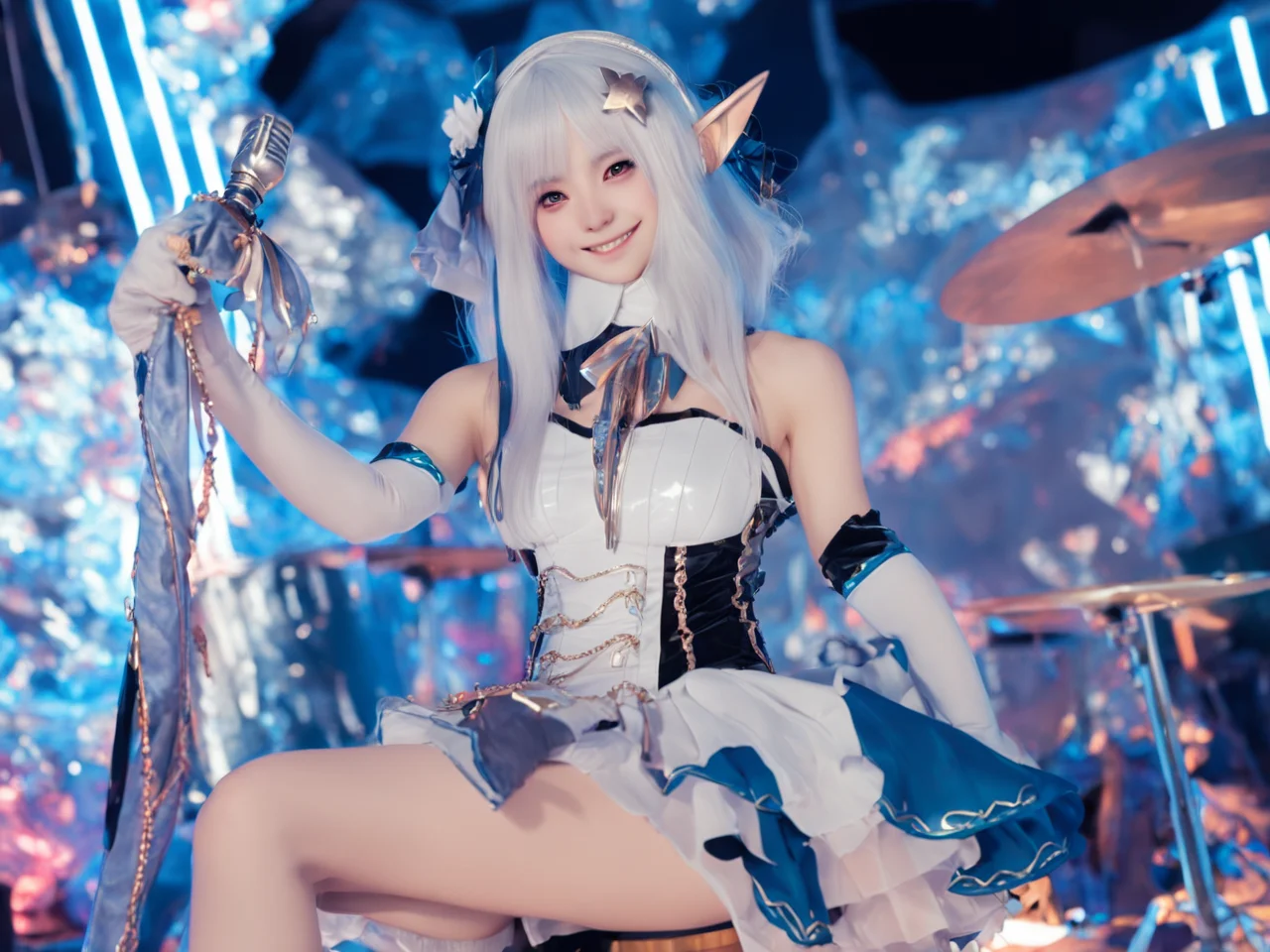 lili, 1girl, solo, long hair, looking at viewer, smile, skirt, hair ornament, thighhighs, gloves, dress, bare shoulders, brown eyes, standing, white hair, boots, pointy ears, elbow gloves, detached collar, white footwear, elf, instrument, drum, <lora:lili-000008:1>