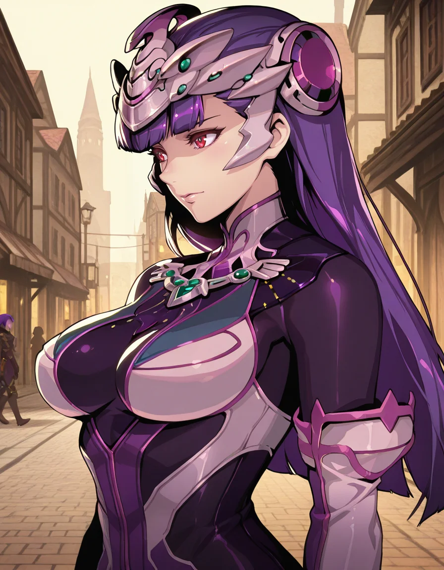 Masterpiece, hires, detailed face and eyes, ultra quality, cel-shaded, sharp lines, dry shading, Beautiful background, far west, houses, street city, <lora:Wild_Arms_5_Persephone:1> 1girl, persephone, solo, wa5, bodysuit, long hair, purple hair, red eyes, headdress, android, half body, side view