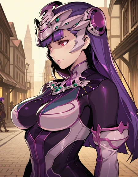 Masterpiece, hires, detailed face and eyes, ultra quality, cel-shaded, sharp lines, dry shading, Beautiful background, far west, houses, street city, <lora:Wild_Arms_5_Persephone:1> 1girl, persephone, solo, wa5, bodysuit, long hair, purple hair, red eyes, headdress, android, half body, side view