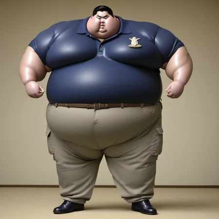 <lora:runga8:0.9>male focus, 1boy, superchub, big belly, sumo, solo, standing, thick arms, full body, fat, black hair, fat man,obese,fattest,(navy polo shirt:2.5),(cargo pants:3.5)