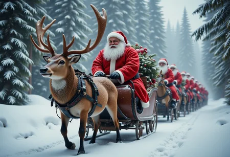 A deer riding the sledge, pulled by several Santa Clauses, Christmas atmosphere, ultra realistic, high quality, masterpiece, extremely detailed, hd, high_detailed, captured in high detail, bo-christmas