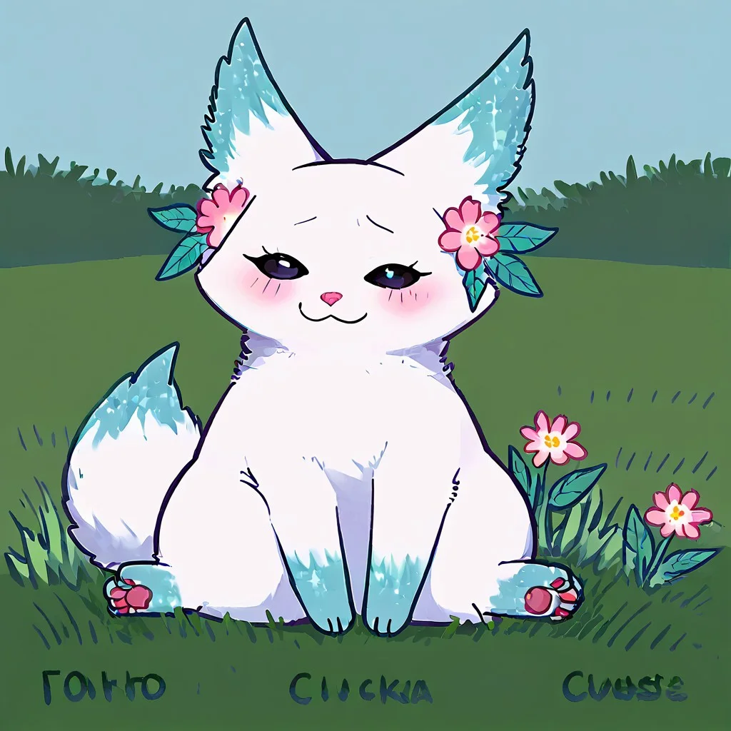 Minto, white fur, black sclera, black eyes, pink nose, paws, tail, turquoise edges at the ears, full body, outdoors, sitting on grass