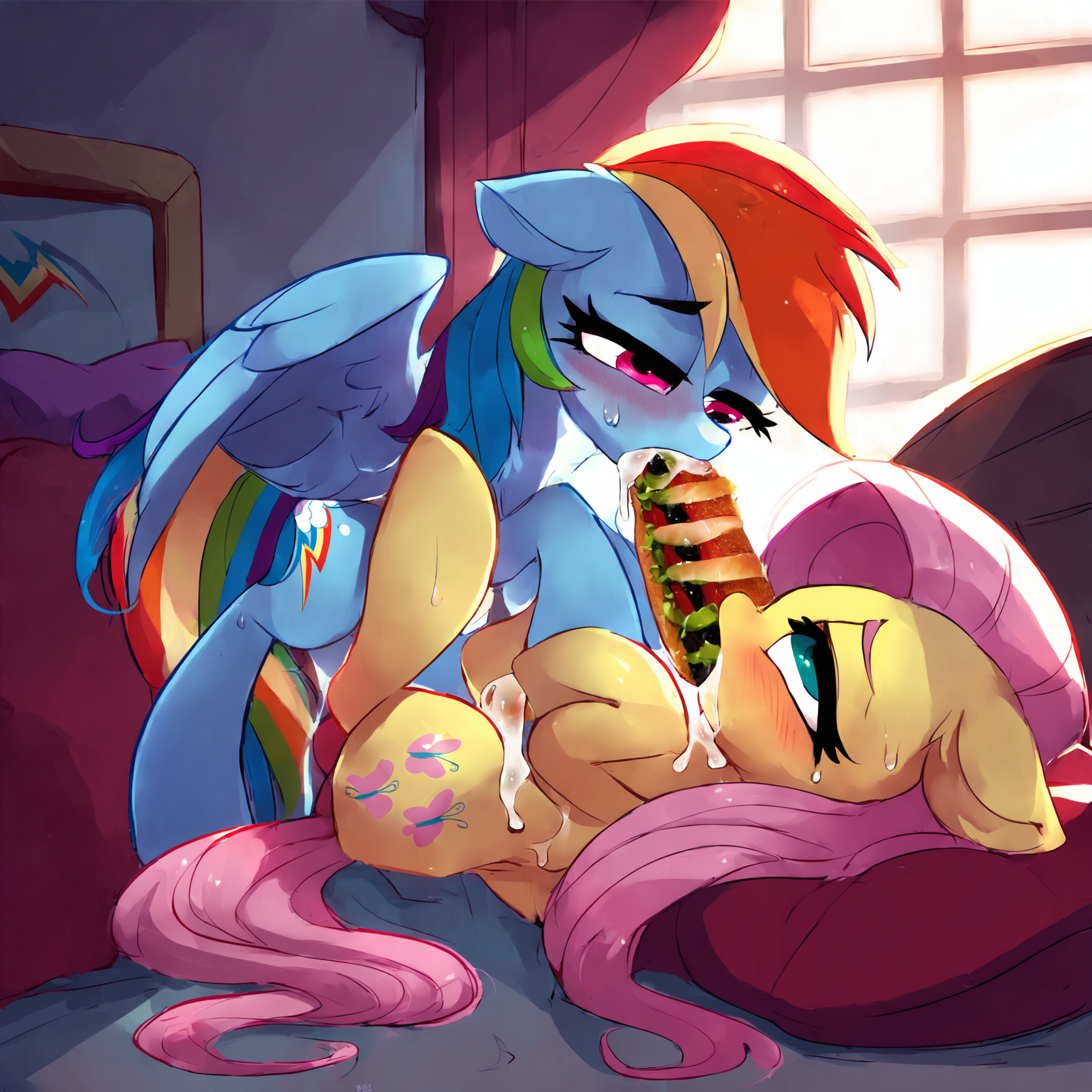 score_9, score_8_up, score_7_up, score_6_up, score_5_up, score_4_up, fluttershy performing fellatio on (rainbow dash) sandwich, eatfresh, freshcock, cum on body, full body, multiple girls, sweat, feral, bed, pillows, comfy, bedroom eyes, romantic, bedroom, <lora:EatfreshPDXL:1>