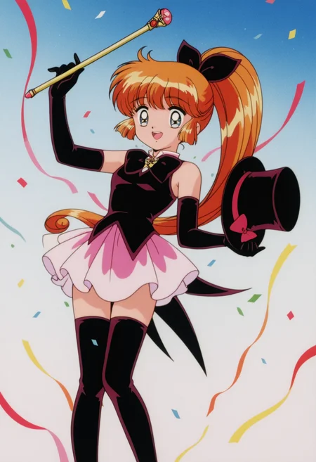 retro artstyle,1990s \(style\),1girl,solo,<lora:Saint_Tail:1>,long hair,orange hair,elbow gloves,blue eyes,magical girl,black gloves,sleeveless,bowtie,hair ribbon,hair bow,pink skirt,brooch,high ponytail,black bow,thigh boots,black footwear,
holding wand,top hat,red bow,holding hat,unworn headwear,:d,confetti,
masterpiece,best quality,amazing quality,