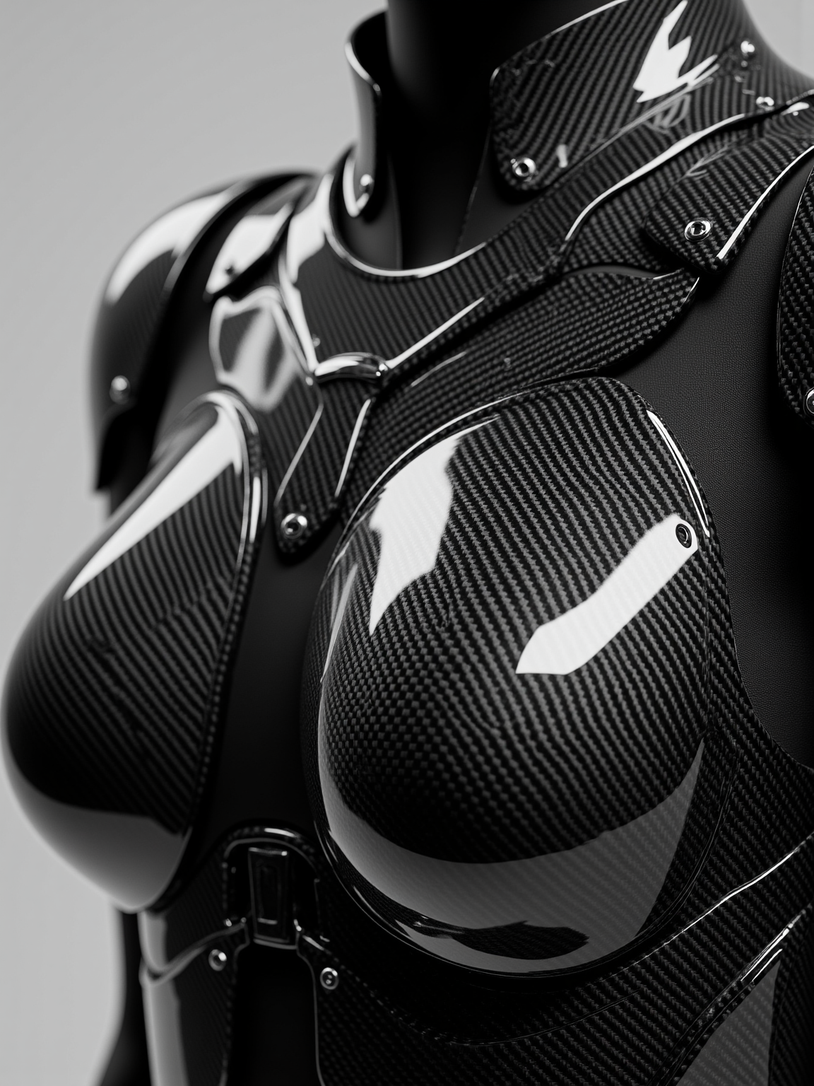 An extreme close-up of a woman's high-tech armored torso, showing the upper chest plating. The armor features a sleek, glossy carbon fiber weave finished with a lacquered clear coat. The basket weave pattern is tightly packed and reflects ambient light with sharp highlights. Slight curvature and edge beveling add depth to the mechanical surface. Focus is on the surface texture and coating reflectivity.
macro detail, carbon fiber gloss test, high resolution, static lighting, product realism





carbonfibermk.1

