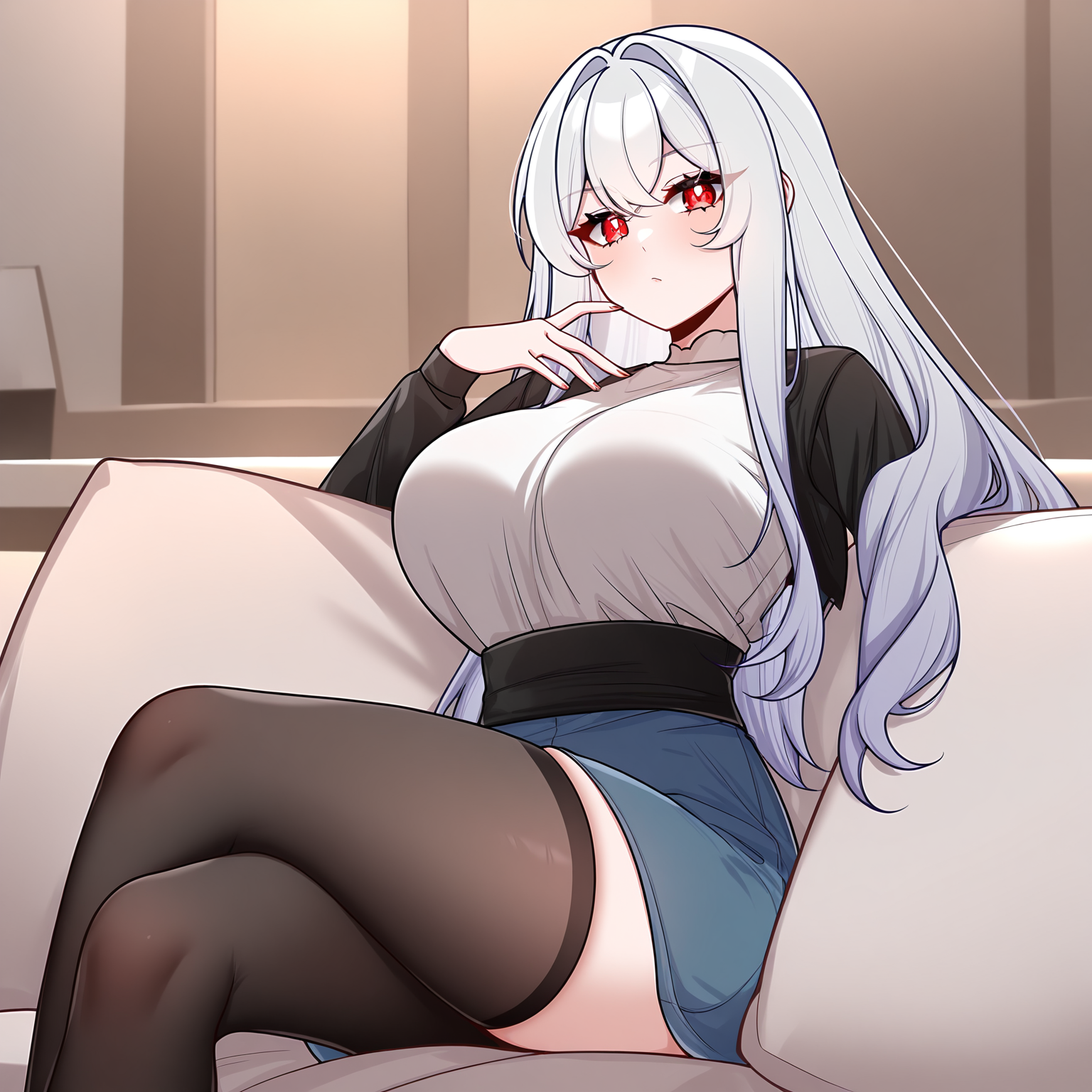 masterpiece,best quality,newest,absurdres,highres,<lora:noobai_ep11_stabilizer_v0.138_fp16:0.8>,tang_xin,long hair,red eyes,long hair,breasts,looking at viewer,<lora:Tang_Xin4:1>,silver hair,crossed legs,