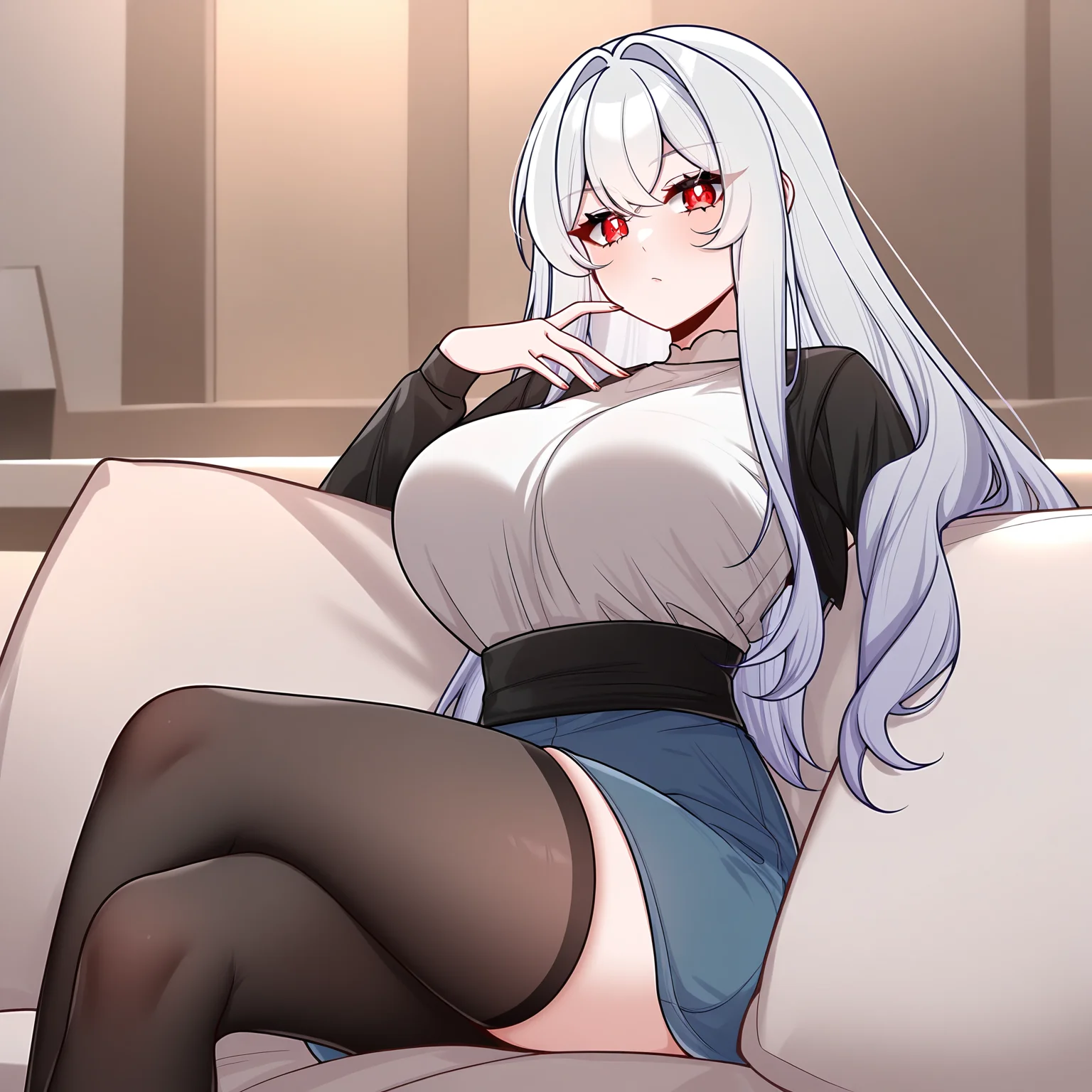masterpiece,best quality,newest,absurdres,highres,<lora:noobai_ep11_stabilizer_v0.138_fp16:0.8>,tang_xin,long hair,red eyes,long hair,breasts,looking at viewer,<lora:Tang_Xin4:1>,silver hair,crossed legs,