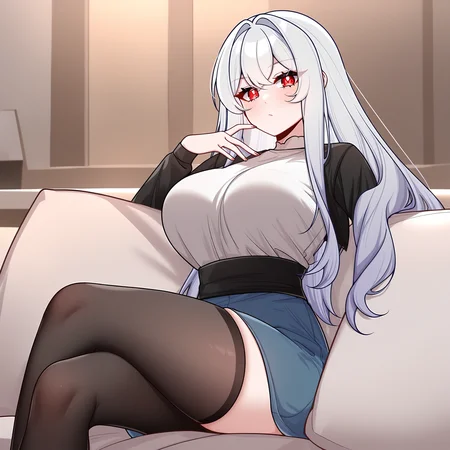 masterpiece,best quality,newest,absurdres,highres,<lora:noobai_ep11_stabilizer_v0.138_fp16:0.8>,tang_xin,long hair,red eyes,long hair,breasts,looking at viewer,<lora:Tang_Xin4:1>,silver hair,crossed legs,